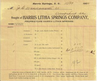 1906 Harris Lithia Springs South Carolina Billhead  