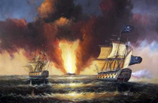 Pirate SHIP Ocean Sea Cannon Explosion Battle 1800's Seascape 24x36 Oil Painting  