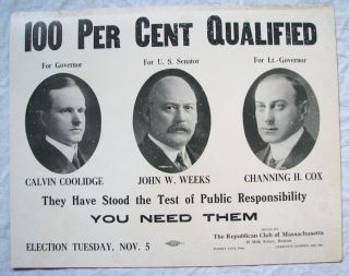 Calvin Coolidge for MA Governor Political Thick Cardstock Poster Vtg Old Antique  