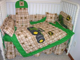 Crib Bedding Set Made w John Deere Brown Plaid Tractor Fabric Double Batting  