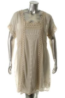 Johnny Was NEW Beige Embroidered Lace Trim Shift Casual Dress Plus 2X BHFO  