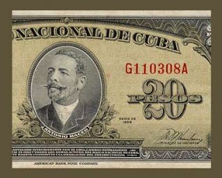 20 Pesos Note Cuba 1958 Antonio Maceo Portrait VF  