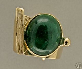 Designer Jordin Estate 1950s 10 0ct Cabochon Emerald Heavy Bezel Set Gold Ring  