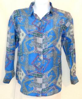 Jonathan Martin Large Silk Blue Pattern Button Down Long Sleeve Career Shirt Top  