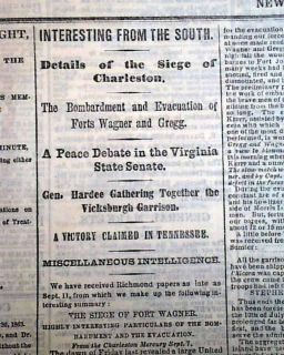 Charleston SC Fort Wagner Jonesborough TN Tennessee Civil War 1863 Newspaper  