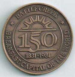 1831 1981 BATTLE CREEK MICHGAN 150TH ANNIV CEREAL CAPITAL MEDAL L K  