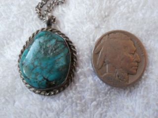 Vintage Sterling Silver Turquoise Nugget Stone Navajo Indian Pendant Chain  