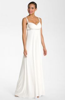 New JS Boutique Pearl Trim Crisscross Matte Jersey Gown Size 10 Color Ivory  