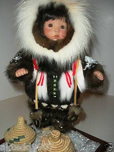 Alaska Native Porcelain Doll w Fur Parka by Award Winning Artist Juanita Cowdery  