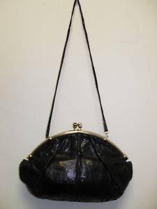 Judith Leiber Vintage Black Snakeskin Gold Clutch Handbag Purse Shoulder  