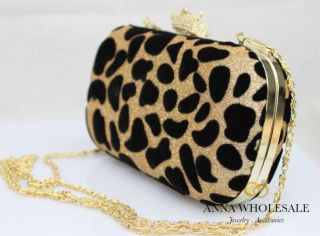 Gold Leopard Animal Print Suede Velvet Sparkle Shoulder hand Evening Clutch Bag  