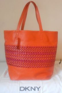 DKNY Handbag Pink Orange Leather Woven Stripe N s Tote XL Shopper Bag