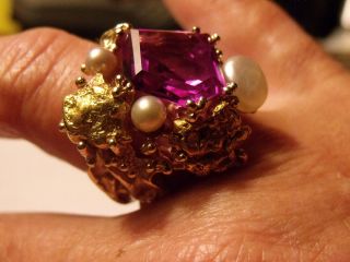 Vintage 14k gold ring w 24k nuggets and large Amethyest stone 3 pearls