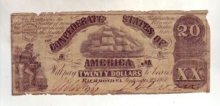 1861 Twenty Dollars $20 T 18 Confederate Currency Richmond