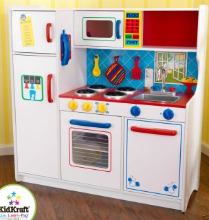 Kids Pretend Play Wood Deluxe White Primary Colors Play Kitchen 53139