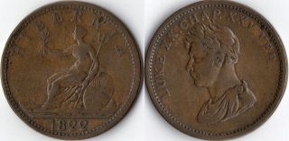 Ireland Hibernia large copper penny token coinage 1822 King George IV