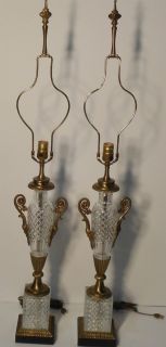 Pair Vintage Paul Hanson Cut Glass Urn Lamps w Brass Marble Bases