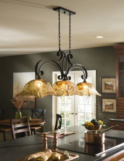 French Country 3 Light Chandelier Kitchen Island Pendant Iron Glass