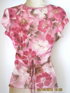 Fuschia Pretty Pink Brown Floral Poly Knit Top Blouse Shirt Sz L