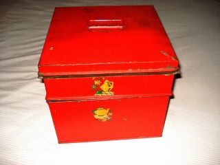 Vtg Antique Late 1800s Kreamer Two Part Tin Storage Box Red with
