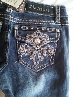 Auth La Idol Jeans Bronze Fleur de Lis Rhinestones Boot Cut Jeans