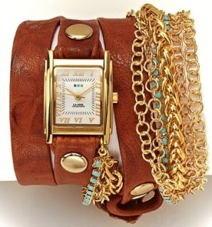 La Mer Collections Crystal and Chain Triple Wrap Leather Watch New