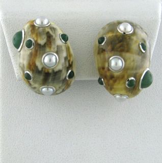 Estate Trianon 18K Gold Jade Pearl Seashell Earrings