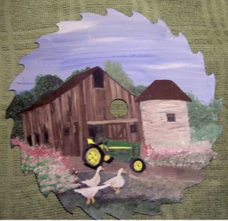 Painted 7 saw blade John Deere Tractor Barn Stone Geese Landscape Art