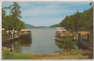 Lake George NY Postcard Black MT Point Docks w Boats People c1960s