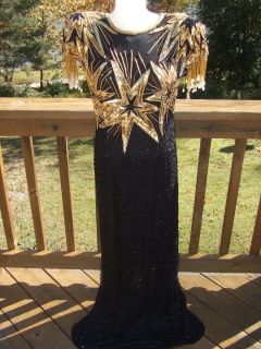 Vtg Laurence Kazar Long Beaded Sequin Black Gold Silk Dress M