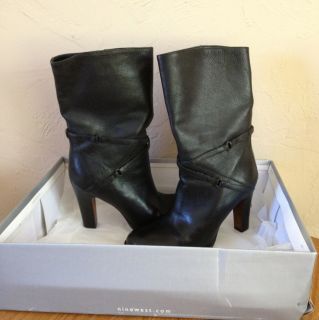 Nine West Size 7 Lawson Mid Calf Black Leather Boots