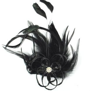 E4163 Flower Black Brooch Pin Feather Leather Rhinestone Vintage Style