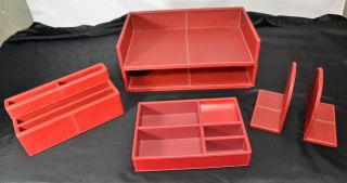 Piece Faux Red Leather Desk Organizer Set
