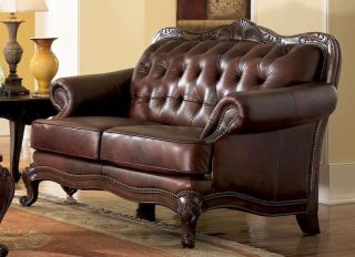 Elizabeth Traditional Leather Loveseat Wood Trim Couch