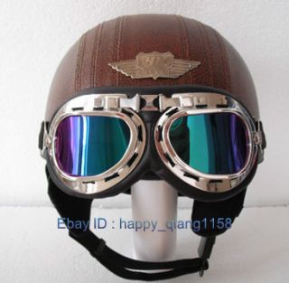Leather Covered All Coffee Half Face Cycling Motorcycle Helmet Goggles