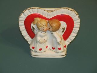 Lefton Valentine Kissing Angels Red Heart Planter Vintage Ceramic Vase