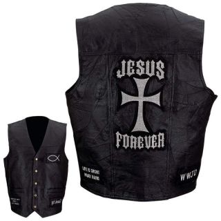 Black Leather Motorcycle Vest Christian Patches Cross Jesus Forever