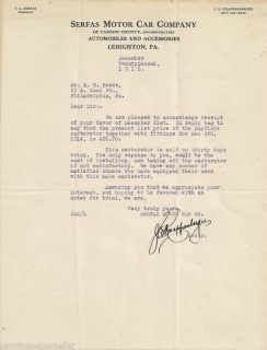 1916 Serfas Motor Car Company Lehighton PA Letter