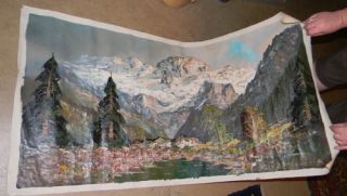 Sgn Lemke Alpine Mountains Valley Oil Painting 48X24