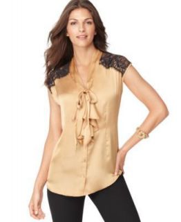 Sunny Leigh NEW Gold Solid Satin Low Bow Lace Trim Button Front Blouse