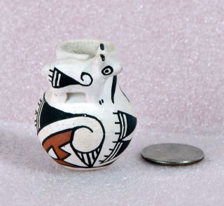 Pottery Polychrome Miniature Vase Pot with Animal by R Leno