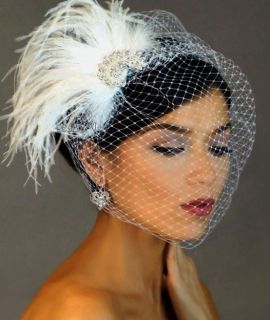 Ivory CRYSTAL BROOCH Fascinator Hair Clip & Birdcage Bridal Veil