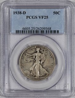 1938 D US Walking Liberty Silver Half Dollar 50c PCGS VF25
