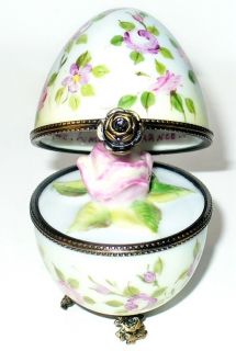 Limoges Box Floral Rose Egg Pedestal 3D Porcelain Rose Inside