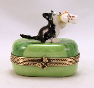  FRENCH LIMOGES BOX KITTY CAT KITTEN W MILK BOTTLE HINGED TRINKET BOX