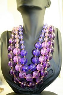 Vintage 3 Strand Huge Chunky Lucite Pink Purple Faceted Bead Necklace