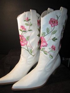 KICKING LINE DANCING WHITE LADIES COWBOY BOOTS PINK EMBROIDERED