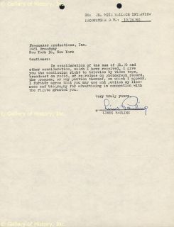 Linus C Pauling Document Signed 10 24 1960