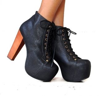New Jeffrey Campbell Lita Shoes Black Leather Ankle Boots Wooden Heel