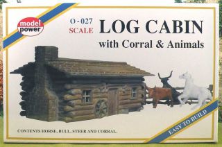 Log Cabin and Corral with 3 Animals for O Scale by Model Power